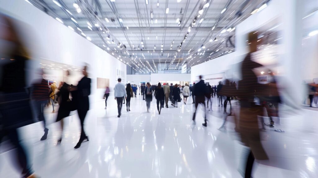 Busy office space where an office sound system provides background audio
