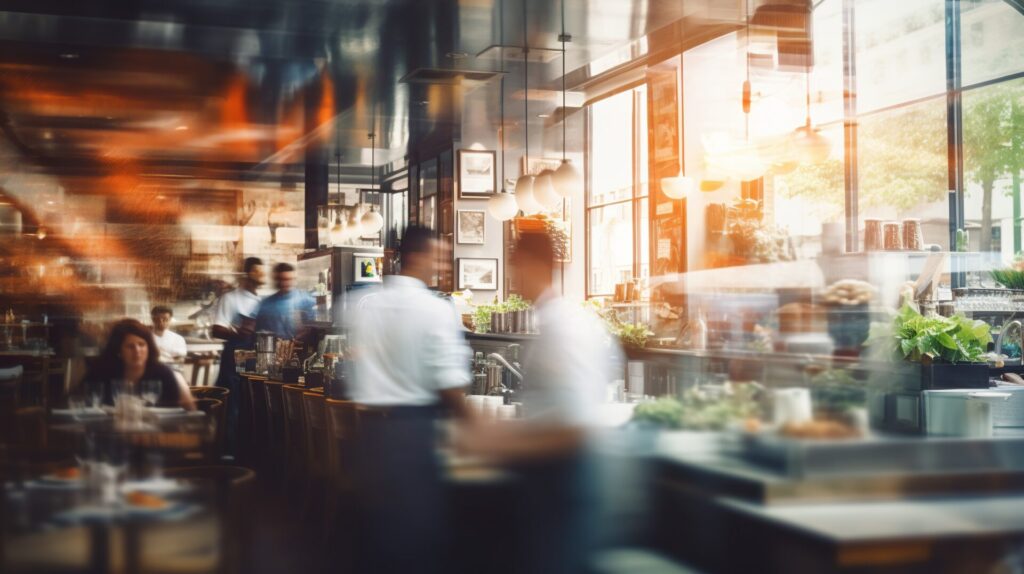 Restaurant staff working a busy shift with background music playing