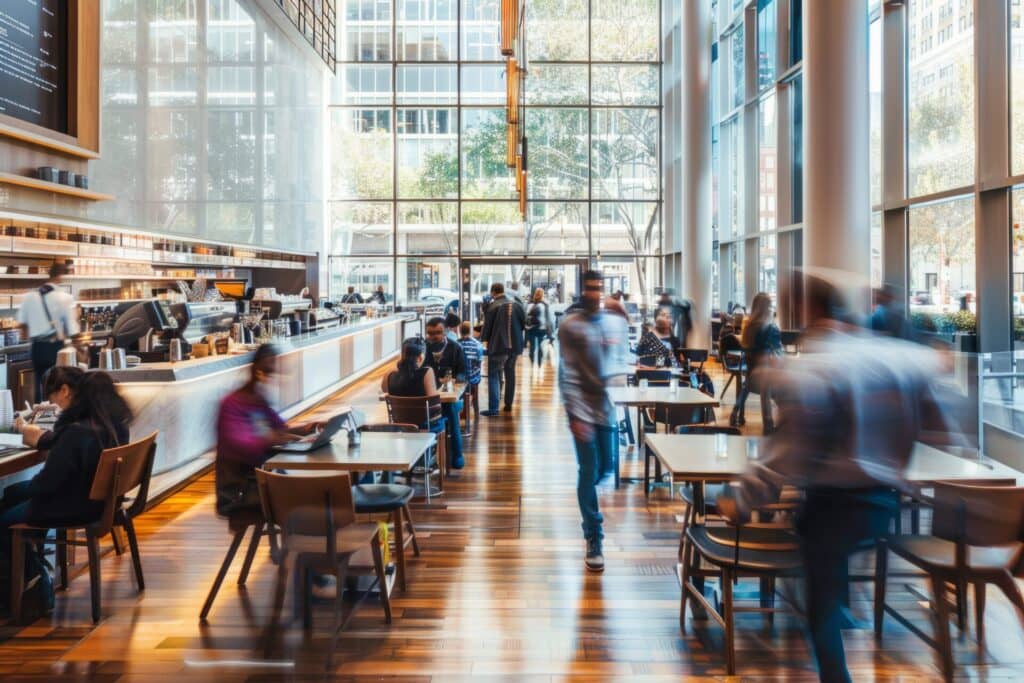Busy food court where music tempo shapes how quickly customers move