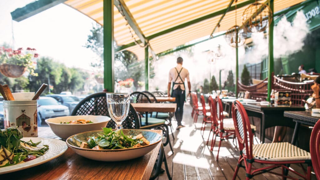 Restaurant terrace where a restaurant background music system sets the atmosphere