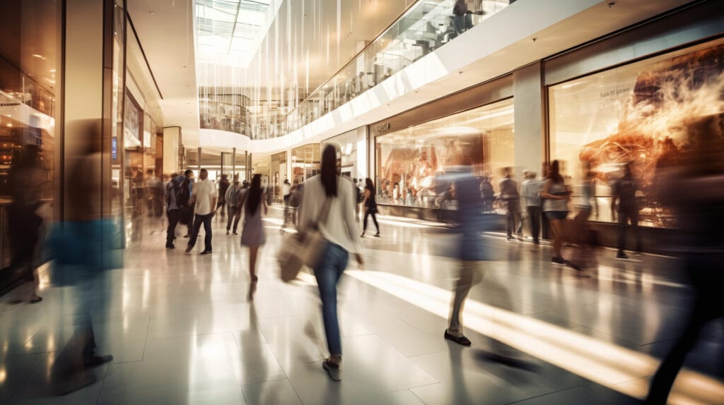 Busy shopping centre with stores sharing one centrally managed playlist