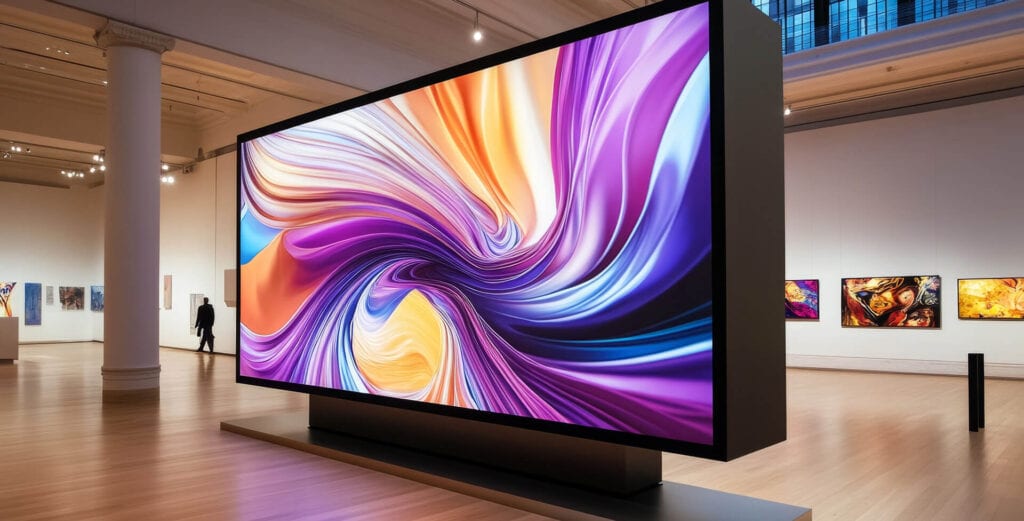 Large standard digital signage screen playing content in a commercial space