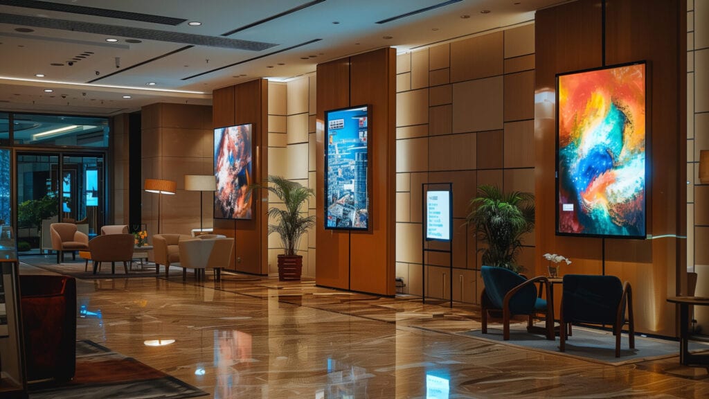 Restaurant and lobby interior with digital screens showing brand ambience visuals