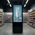 Free-standing digital signage display screen in a retail store aisle