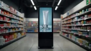 Free-standing digital signage display screen in a retail store aisle