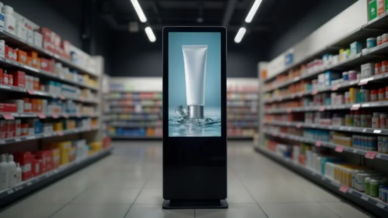 Free-standing digital signage display screen in a retail store aisle