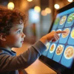 Child using an interactive digital signage kiosk to browse a menu