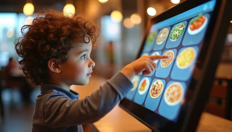Child using an interactive digital signage kiosk to browse a menu