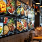 Restaurant counter with a wall of digital menu boards showing food items