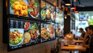 Restaurant counter with a wall of digital menu boards showing food items