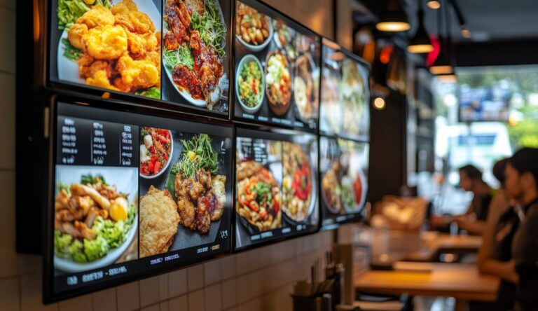 Restaurant counter with a wall of digital menu boards showing food items