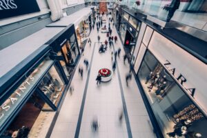 A mall with a lot of foot traffic, that benefits from a royalty-free music playlist