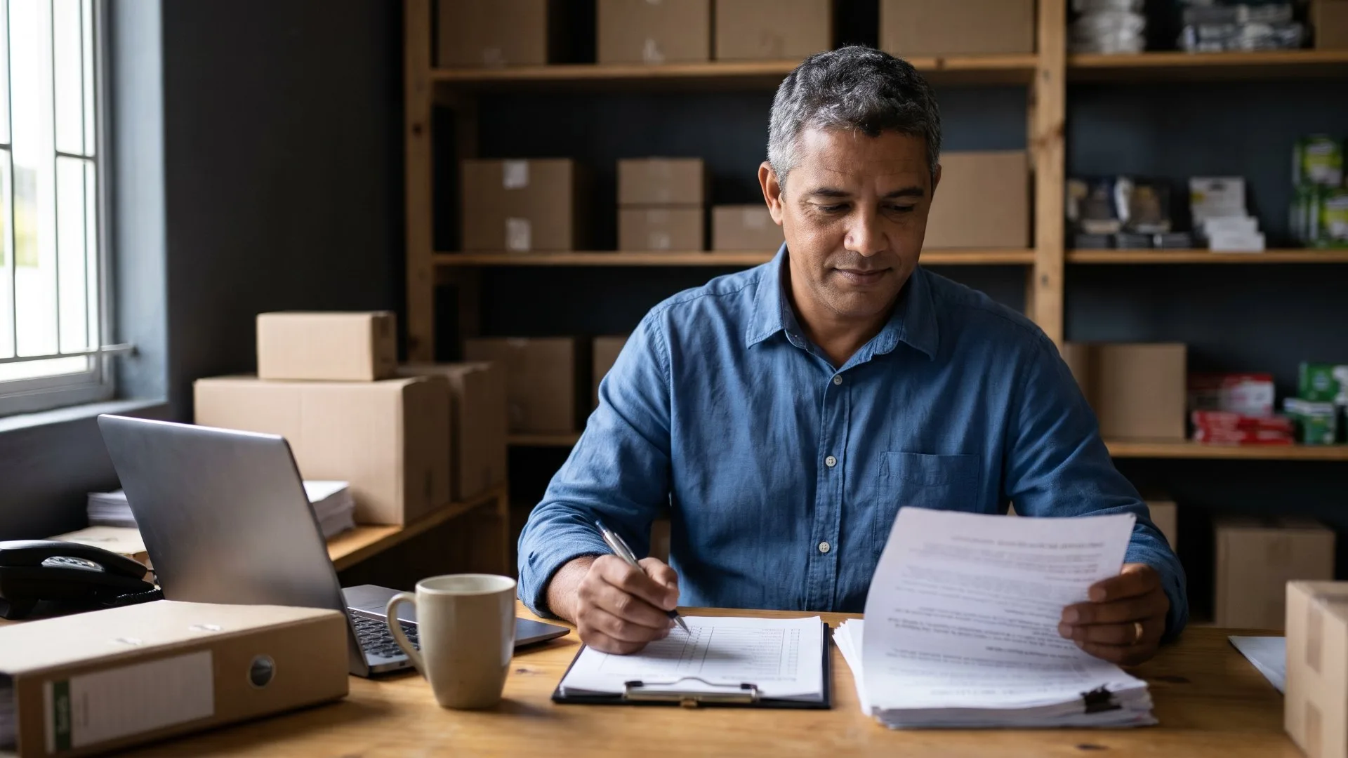 Business owner reviewing licence paperwork at a desk in the back of his shop