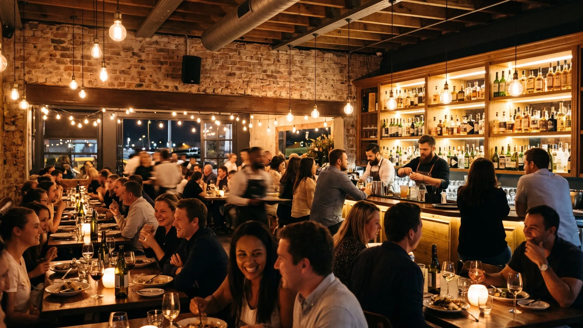 Busy restaurant and bar with diners at tables and a wall-mounted speaker on the brick wall