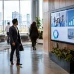 Employees walking through a corporate office lobby past a wall-mounted digital signage screen showing company announcements