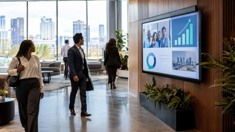 Employees walking through a corporate office lobby past a wall-mounted digital signage screen showing company announcements