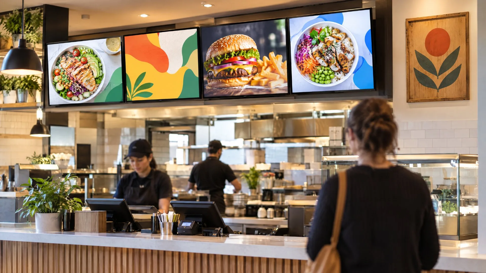 Digital menu board screens above a quick-service restaurant counter next to a traditional painted wall sign