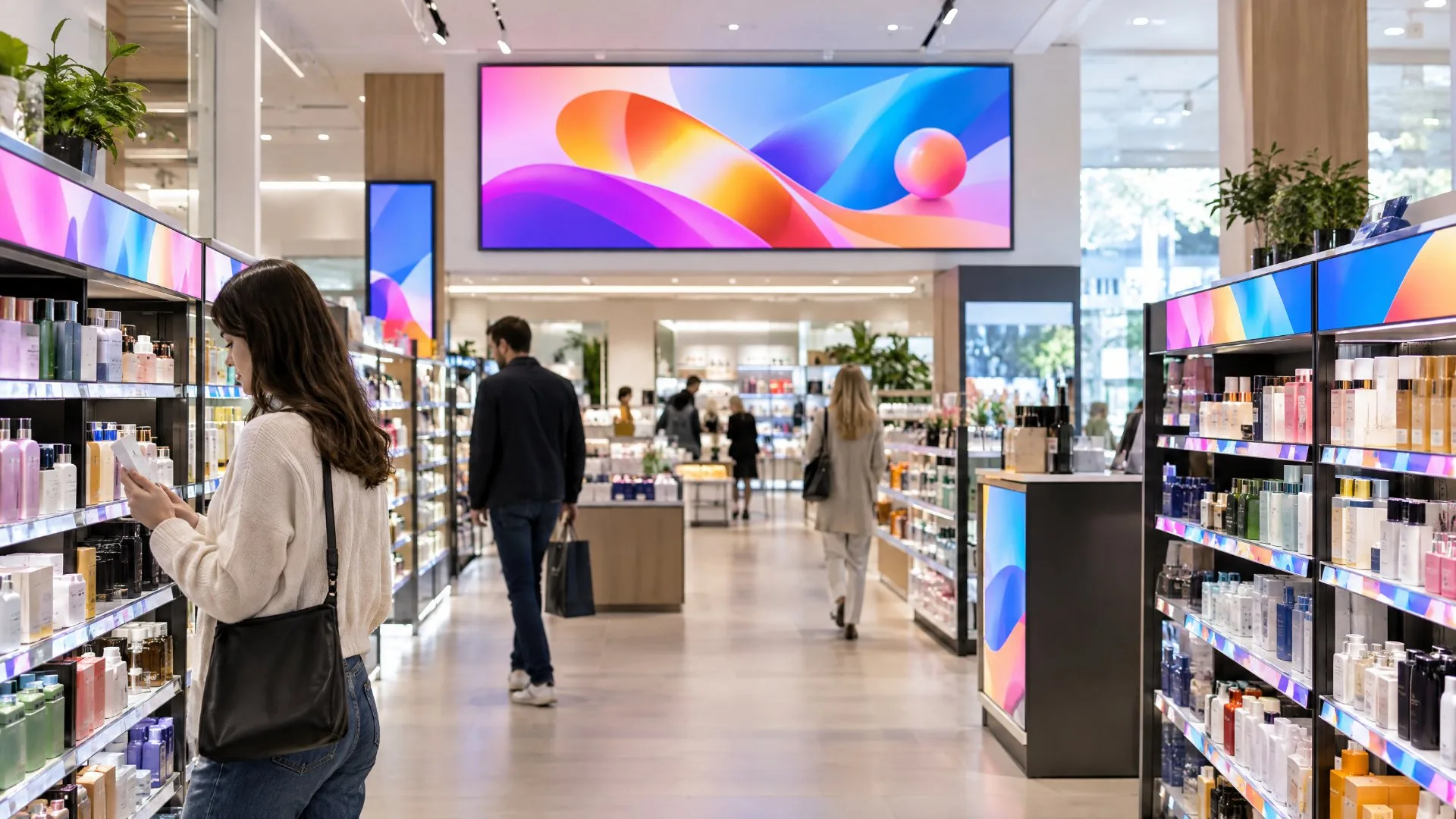 Retail store aisle with a large digital signage screen above the shelves and digital shelf displays along the product shelves