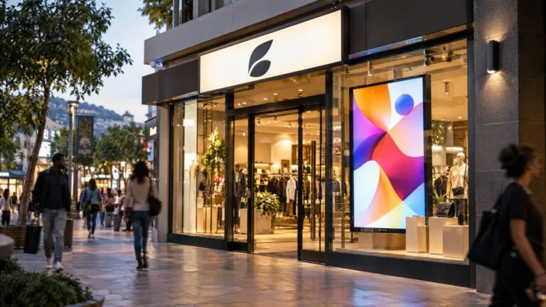 Retail storefront with an illuminated fascia sign above the entrance and a digital display screen in the shop window