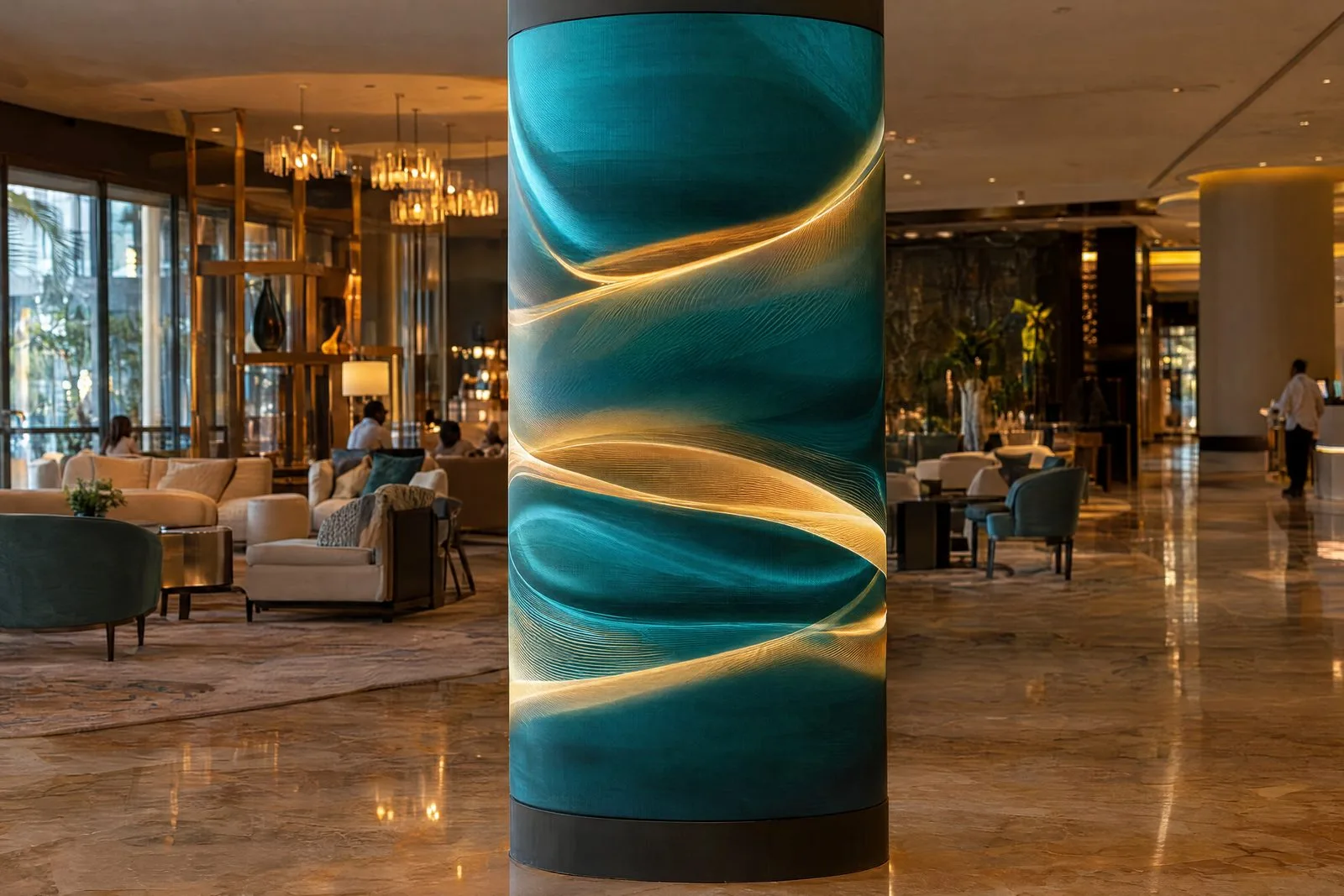 Flexible LED screen wrapped around a round column in a hotel lobby