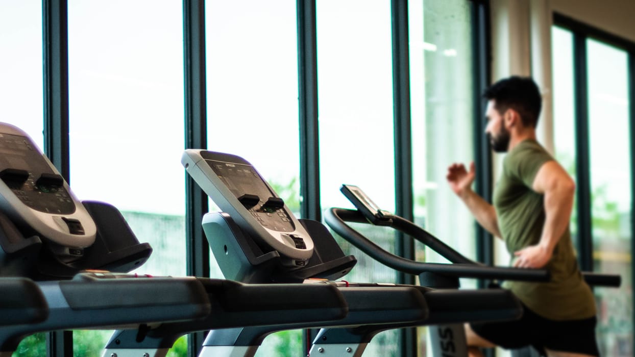 Gym with treadmills where a gym sound system keeps the energy up