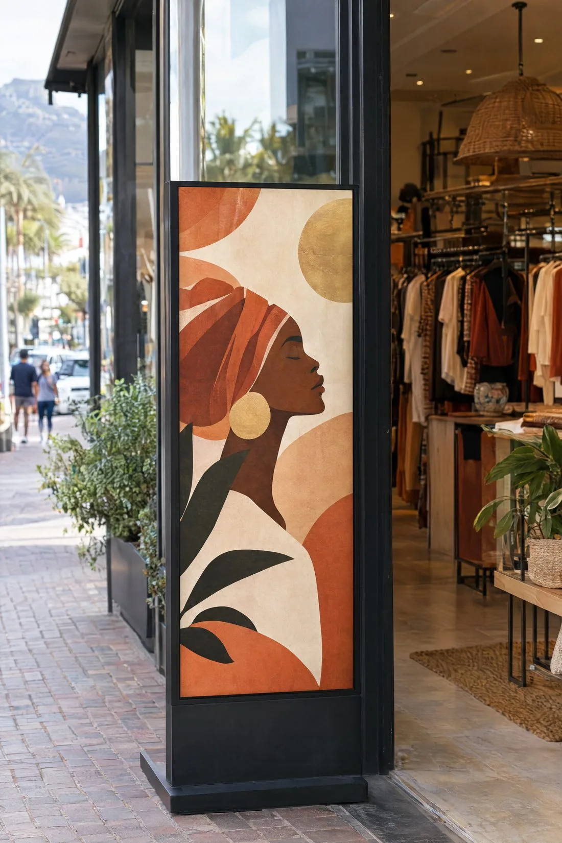 Portrait LED poster screen at a shop entrance showing a fashion graphic