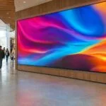 Large indoor LED video wall showing colourful abstract content in a modern retail space with shoppers walking past