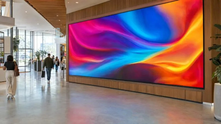 Large indoor LED video wall showing colourful abstract content in a modern retail space with shoppers walking past