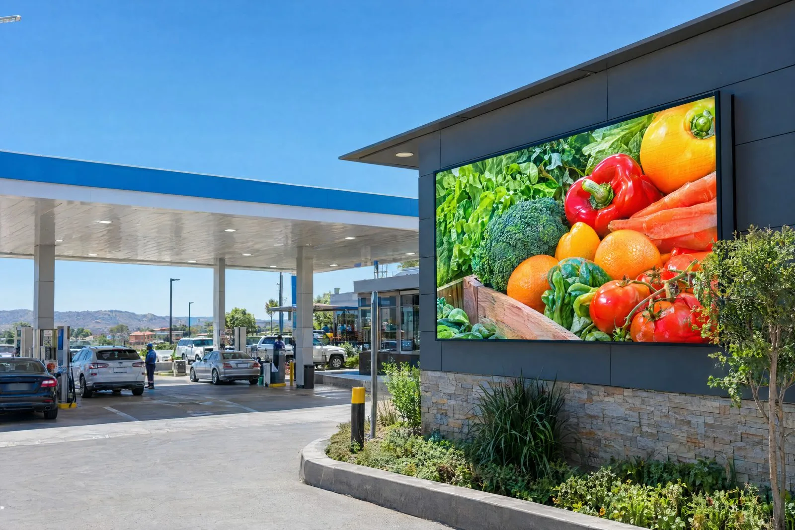 Outdoor LED screen on a fuel station forecourt showing fresh produce, clearly readable in bright daylight