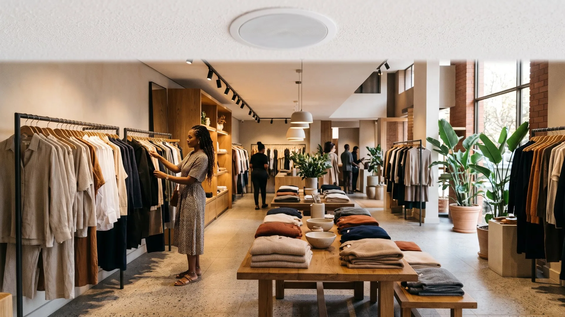 In-ceiling speaker above a clothing boutique where a shopper browses the rails