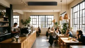 Coffee shop interior with customers at tables and a ceiling-mounted speaker playing background music