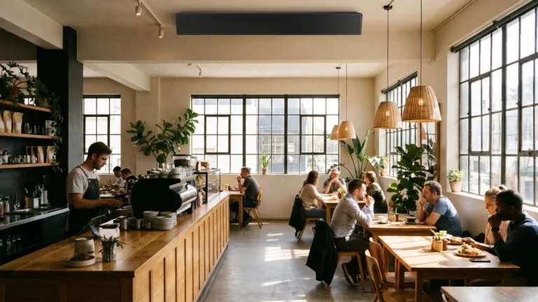 Coffee shop interior with customers at tables and a ceiling-mounted speaker playing background music