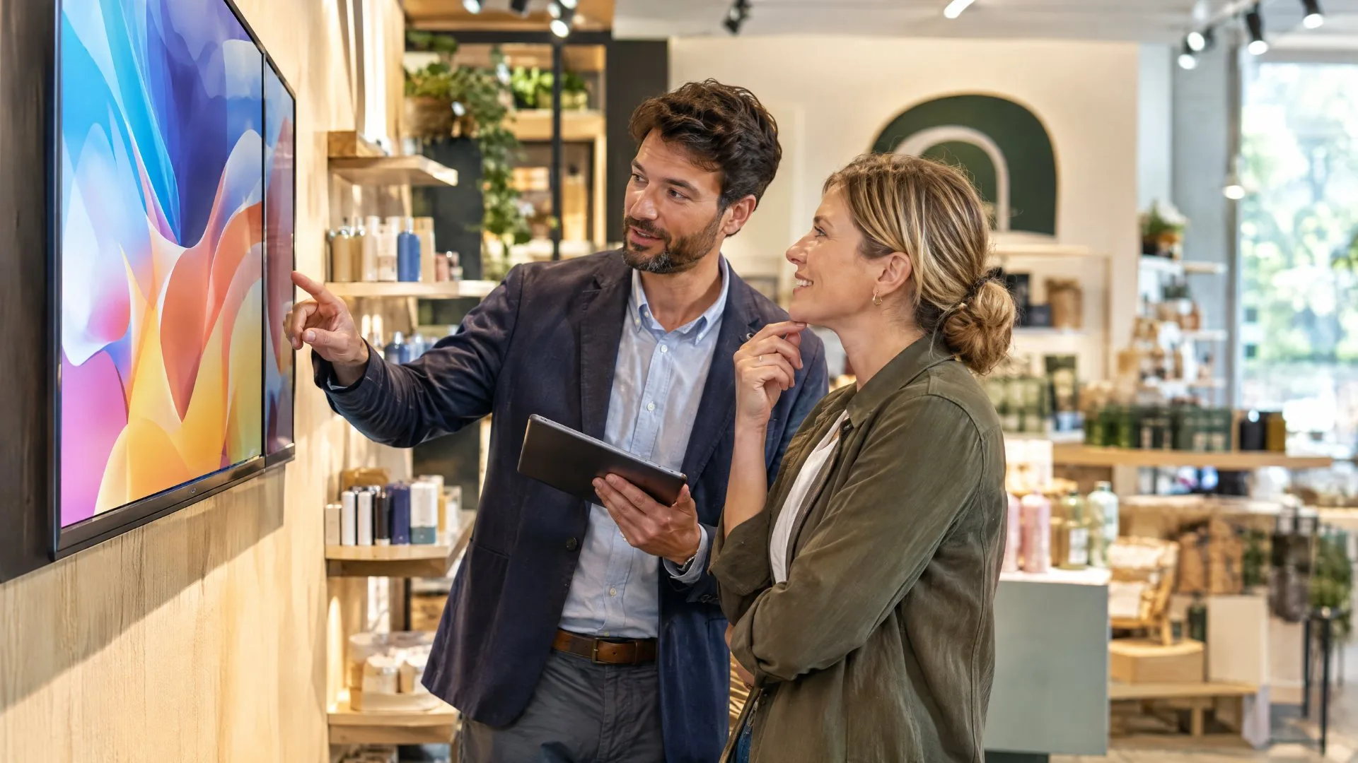 Signage consultant with a tablet discussing a digital display screen with a store owner