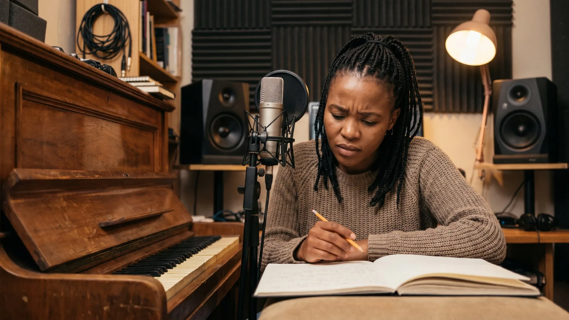 Songwriter writing lyrics in a notebook beside a piano in a small recording studio